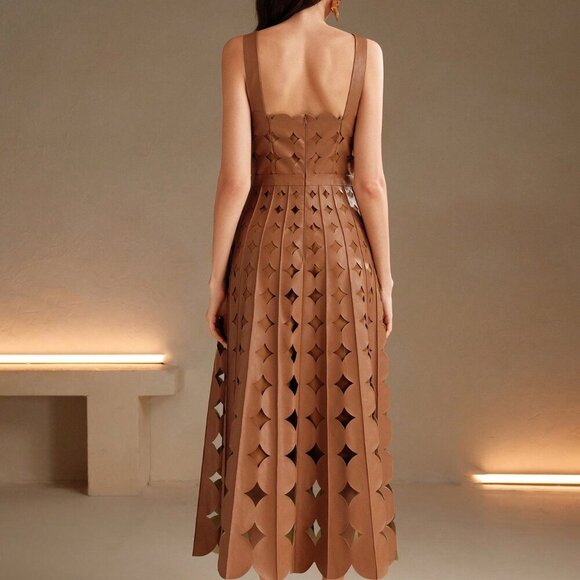 Khaki Elegant Women's Faux Leather Laser Party maxi Dress - Picture 2 of 7